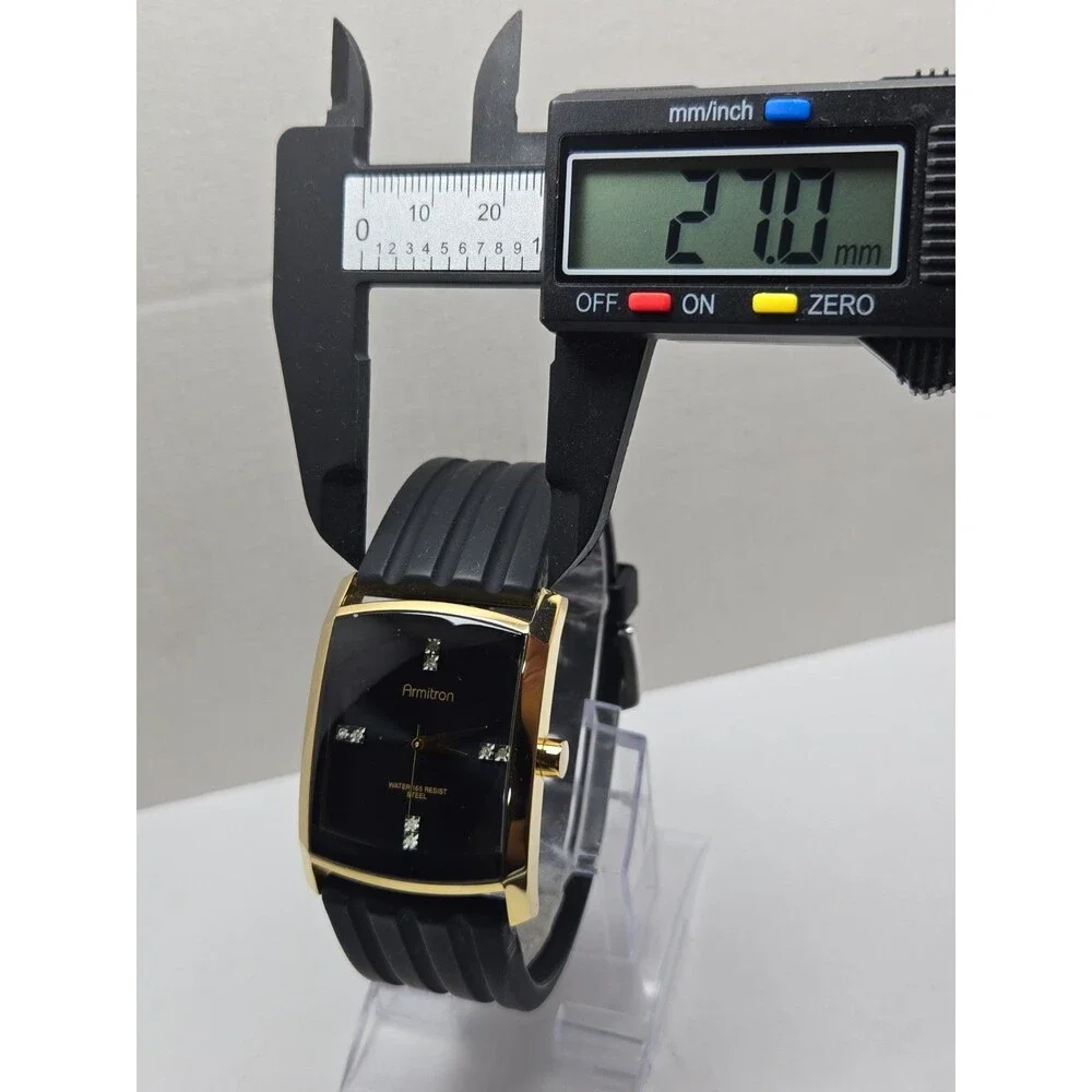 Mens Armitron Diamond 33mm Gold Tone Tank Black Silicon Quartz Watch New Battery